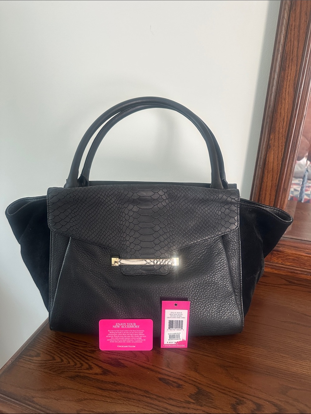 Vince Camuto Julia Satchel in Black/Black Snake Combo Genuine Leather NWT